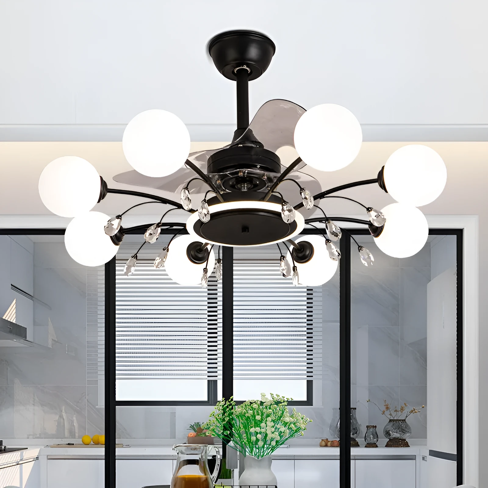 Black and gold ceiling fan lamp chandelier with acrylic shade and metal blades