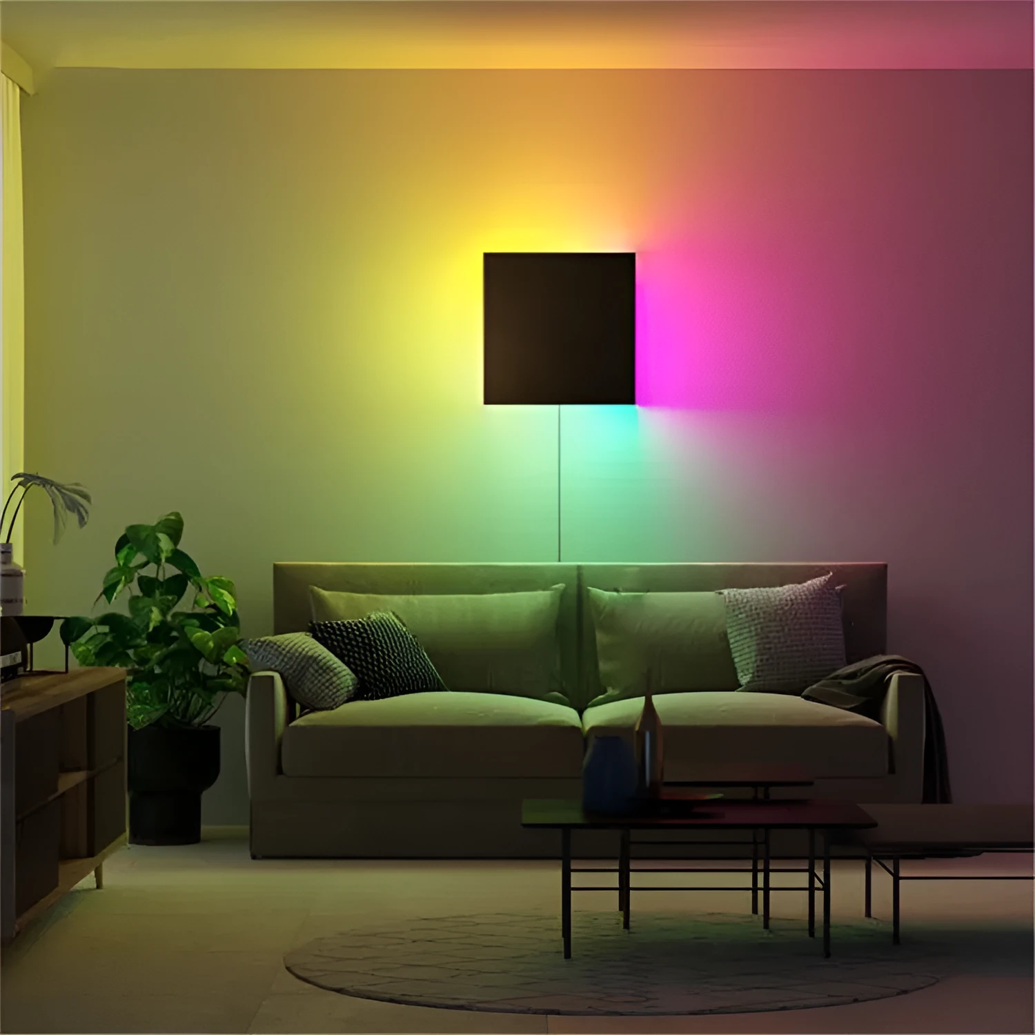 Black aluminium LED wall light 20cm square with RGB and warm light modes