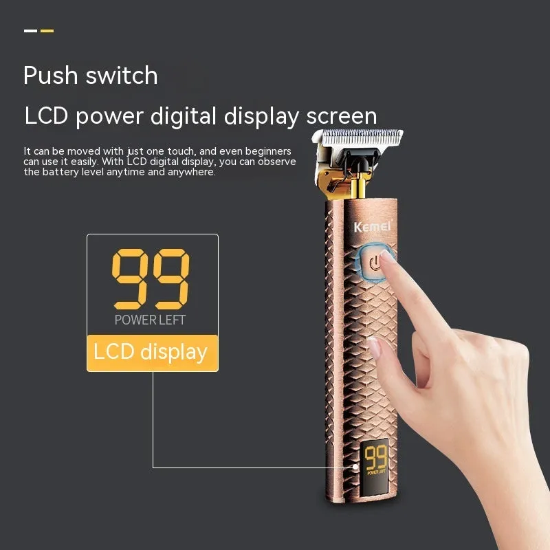 Diamond mesh engraving body LC digital display high power oil head trim hair clipper in bronze with limit combs