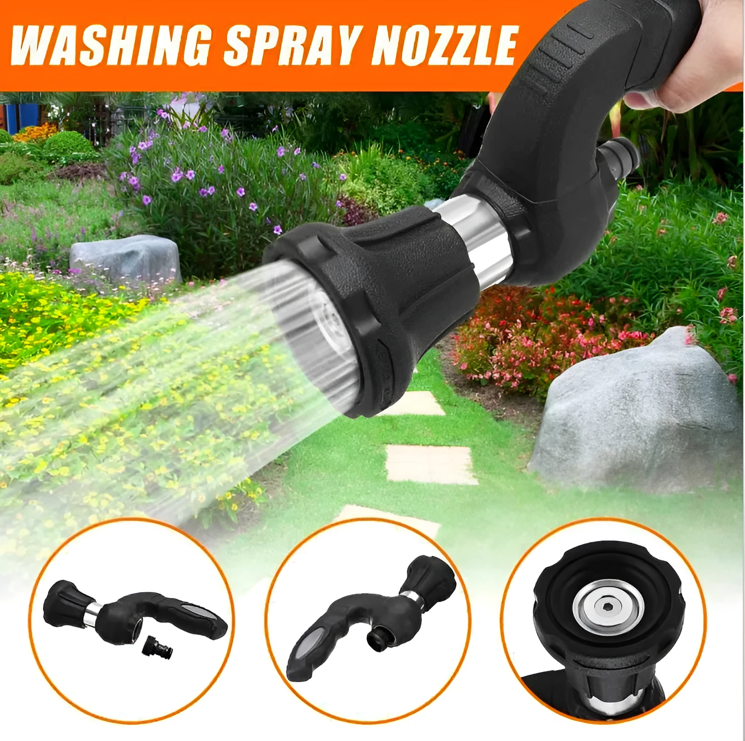 Handheld high pressure water spray gun in black with aluminum alloy head and ABS handle