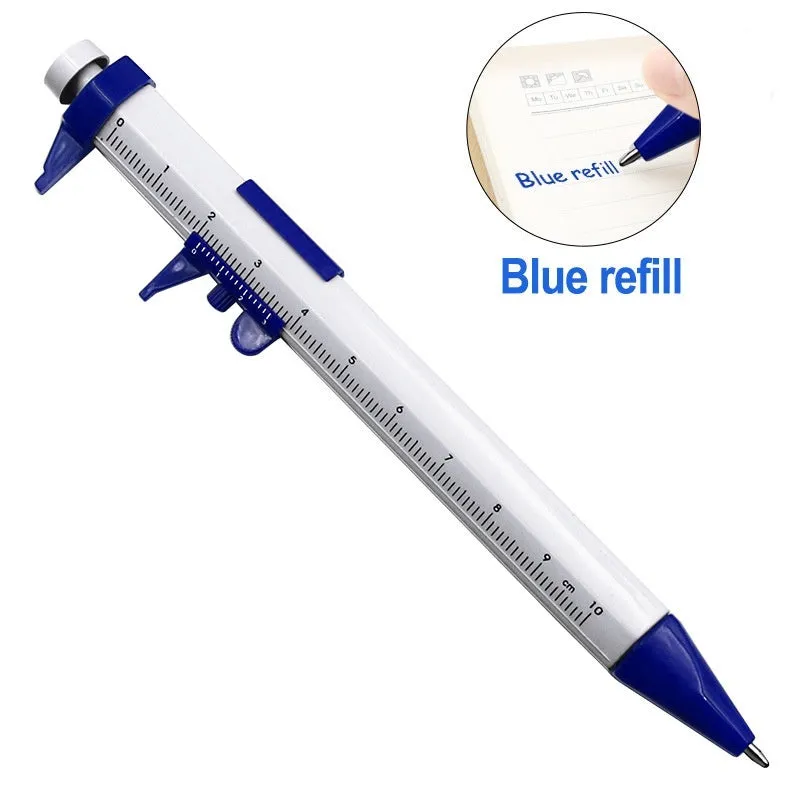 Plastic vernier caliper ballpoint pen with 100mm scale, bullet tip, and colour options