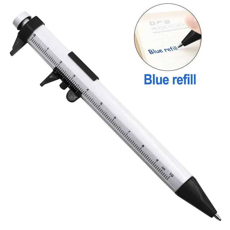 Plastic vernier caliper ballpoint pen with 100mm scale, bullet tip, and colour options