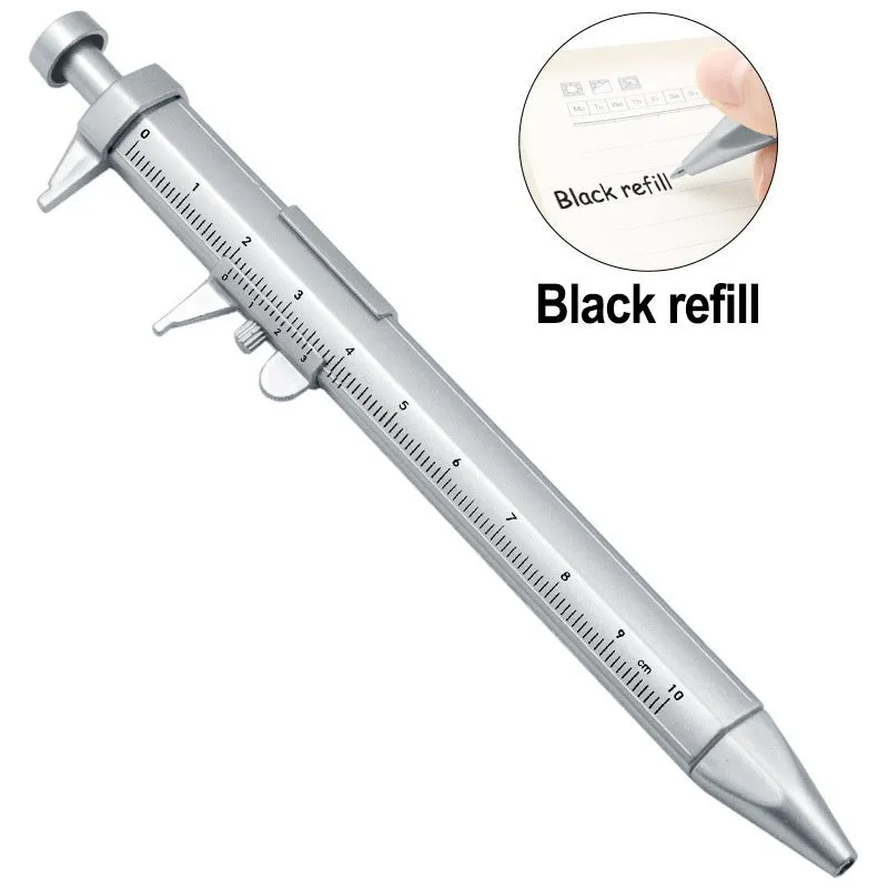 Plastic vernier caliper ballpoint pen with 100mm scale, bullet tip, and colour options