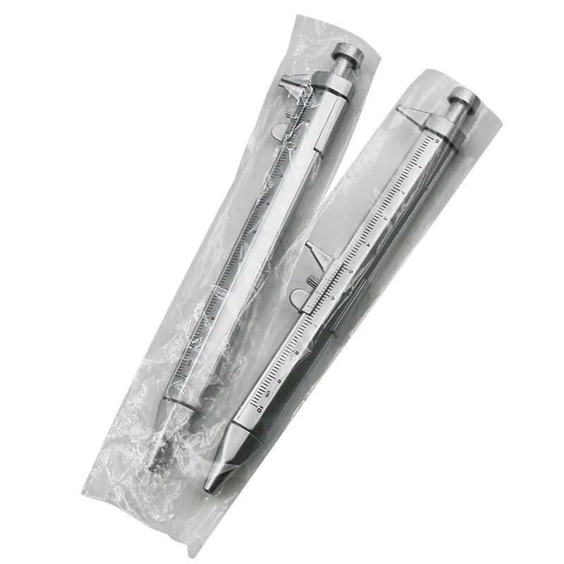 Plastic vernier caliper ballpoint pen with 100mm scale, bullet tip, and colour options