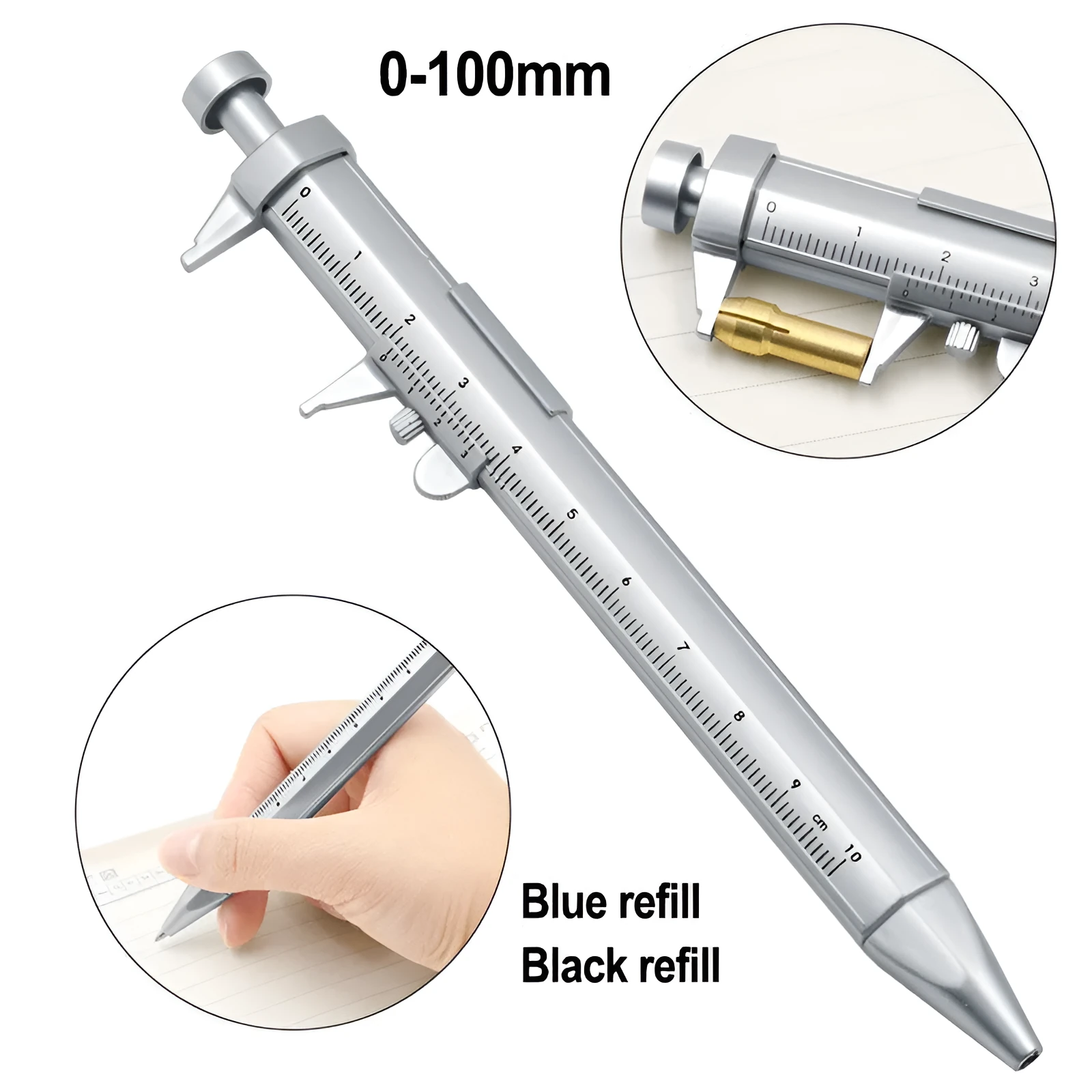 Plastic vernier caliper ballpoint pen with 100mm scale, bullet tip, and colour options