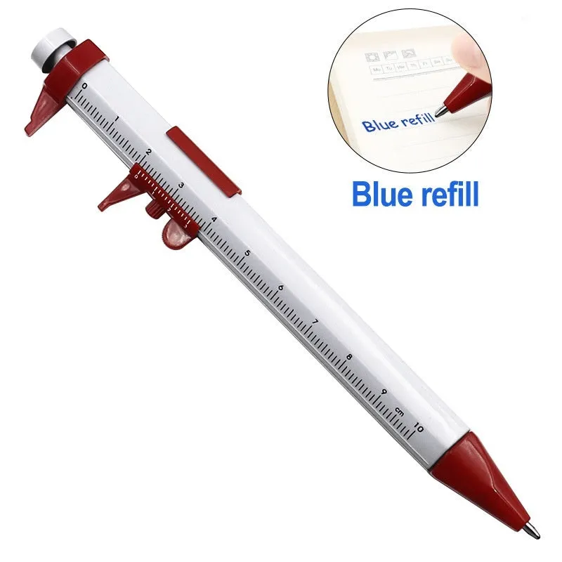 Plastic vernier caliper ballpoint pen with 100mm scale, bullet tip, and colour options