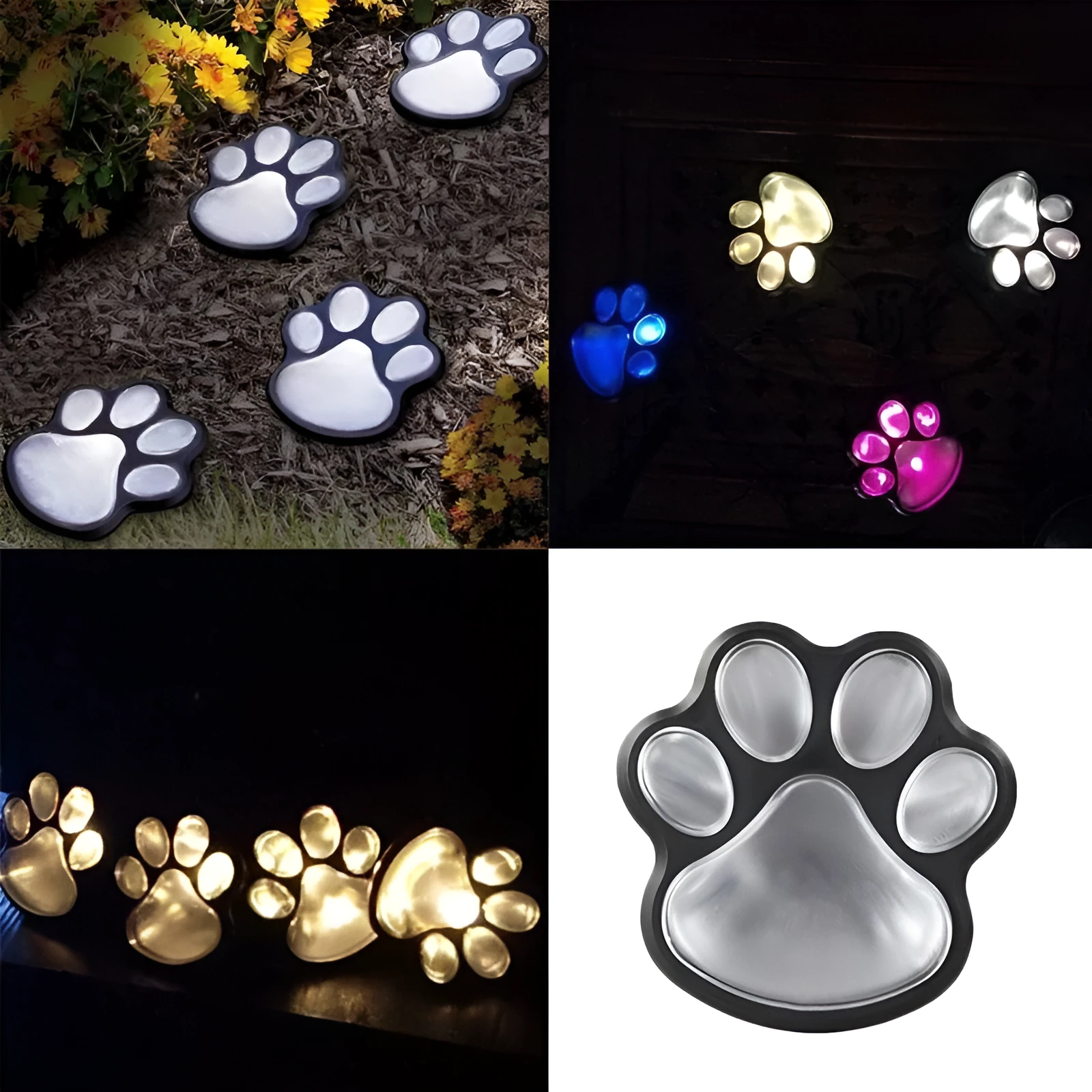 Black solar-powered bear paw print garden lights with four paw shapes and solar panel