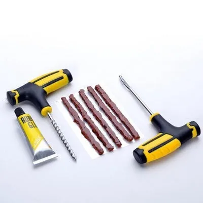 Vacuum tyre repair tool eight-piece set with probe, pin, glue, and rubber strips for car and motorcycle tyres