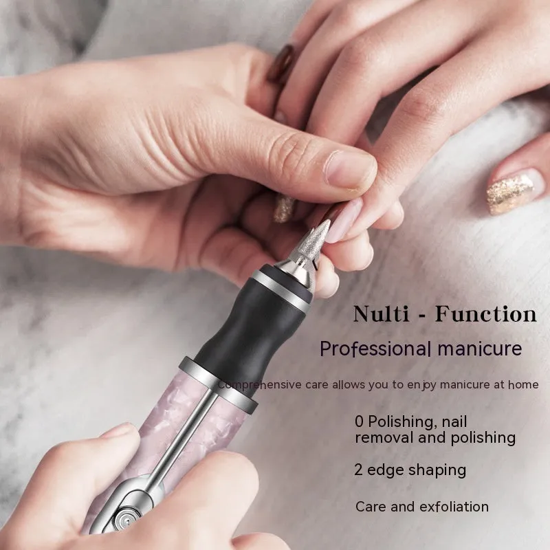 Pink portable nail polishing machine with USB cable on white background, 12.5 cm length