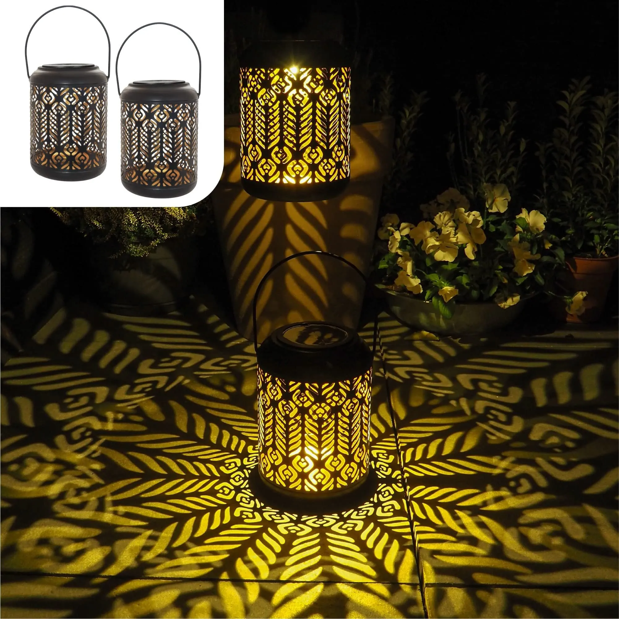 Black iron circular solar lamp with small cylindrical wheat ear design on a garden path
