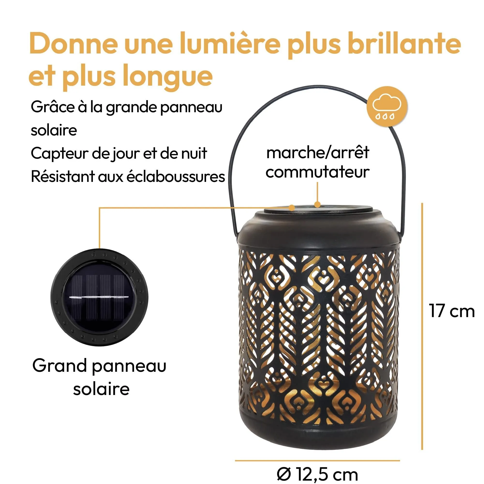 Black iron circular solar lamp with small cylindrical wheat ear design on a garden path