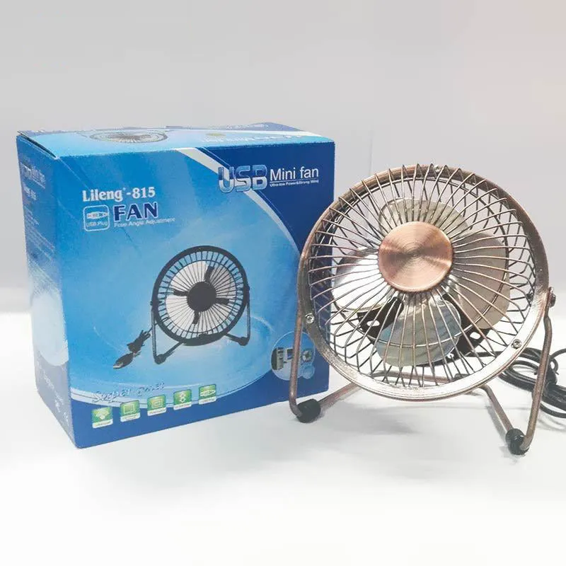 4-inch bronze aluminium USB mini fan with rocker switch on a desk