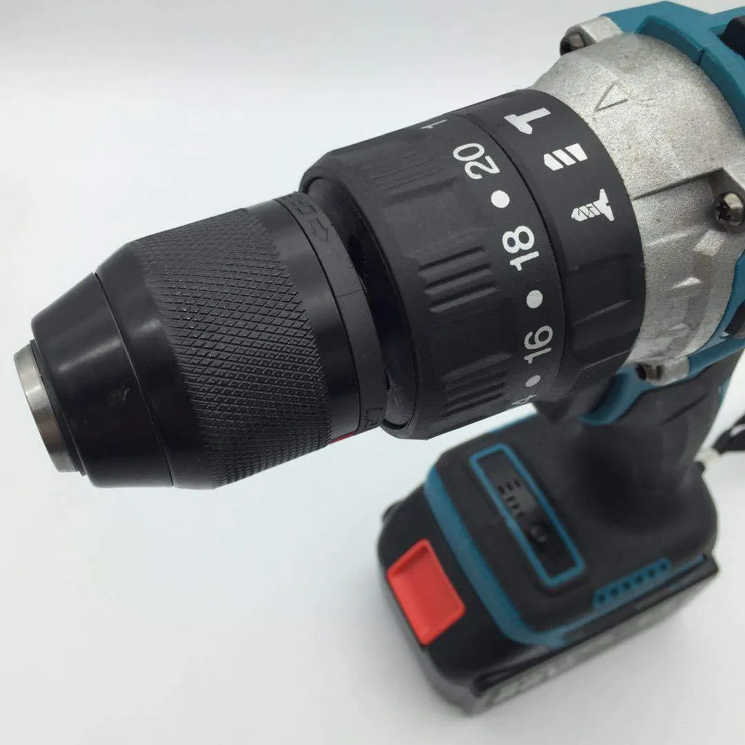 21V black and yellow cordless multifunction impact drill with a 13mm chuck on a workbench.