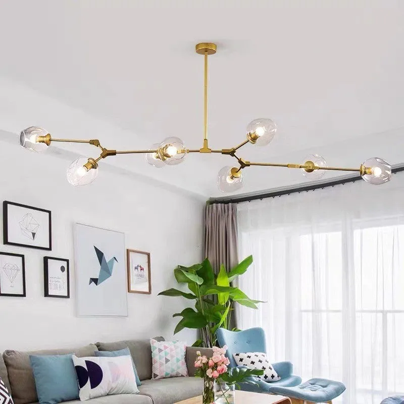 Black blue branch type ceiling lamp with glass shades and iron frame, 10 heads, Nordic style for dining room