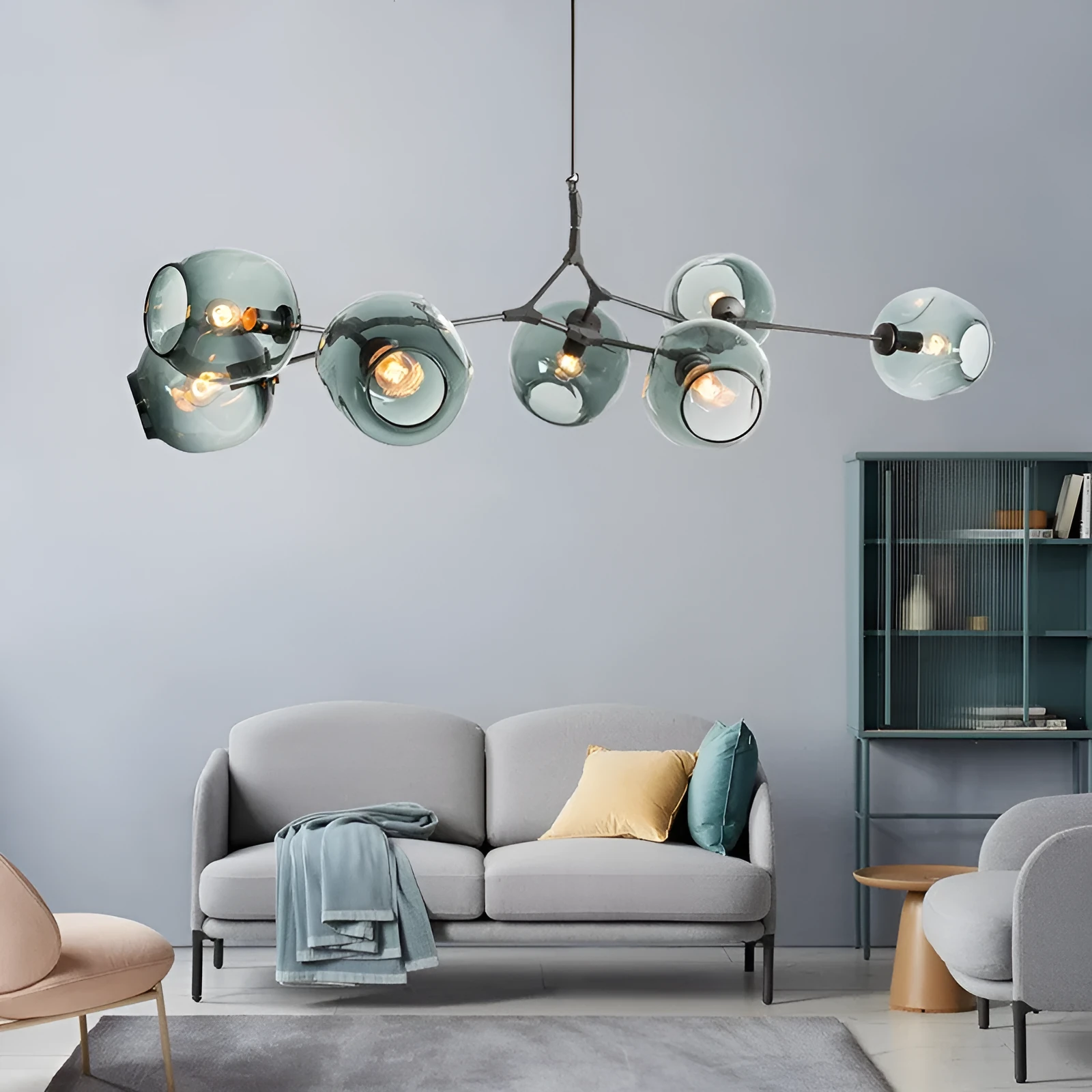 Black blue branch type ceiling lamp with glass shades and iron frame, 10 heads, Nordic style for dining room