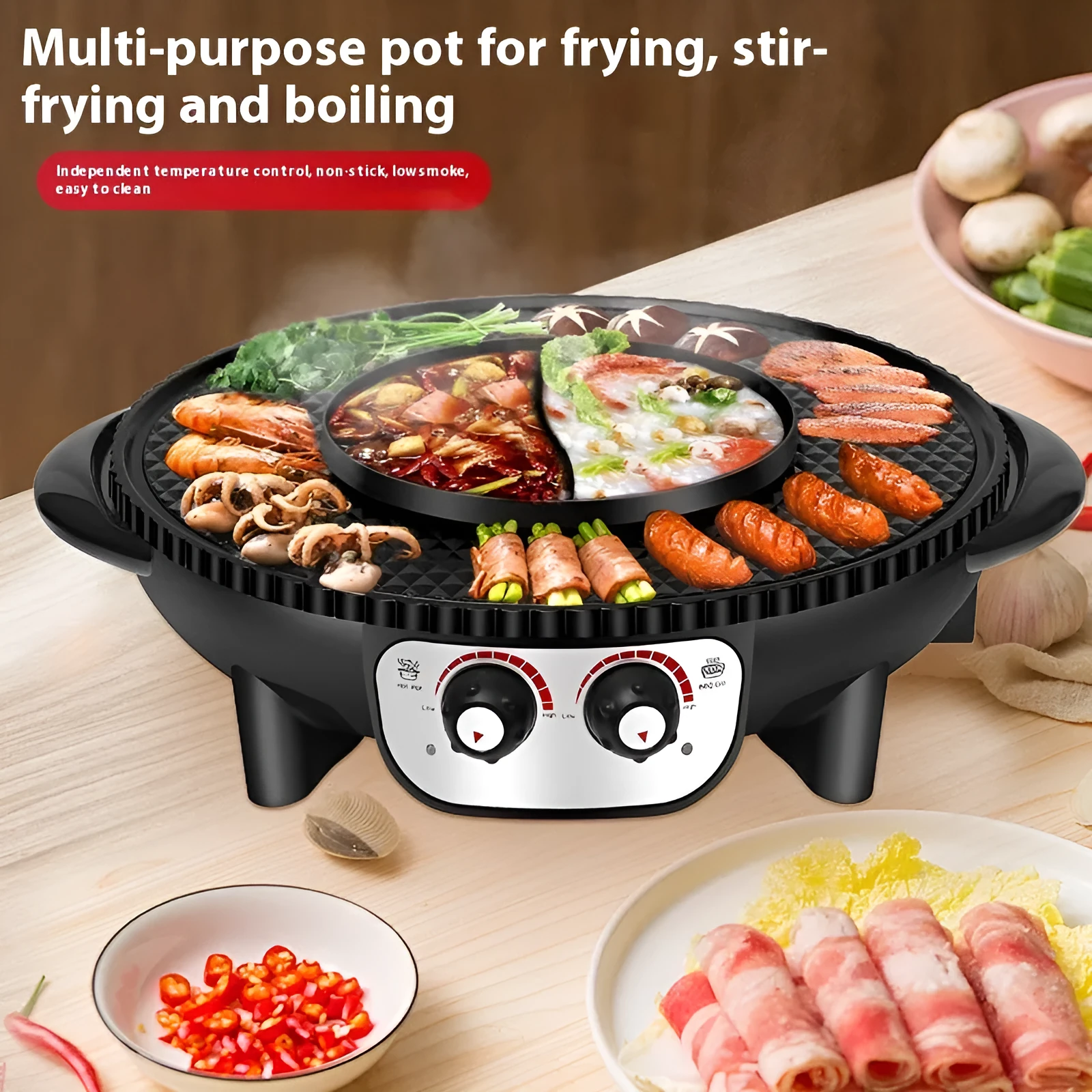 Multifunctional electric cooker hot pot barbecue all-in-one pot 5L 2300W Reunion Roast Black