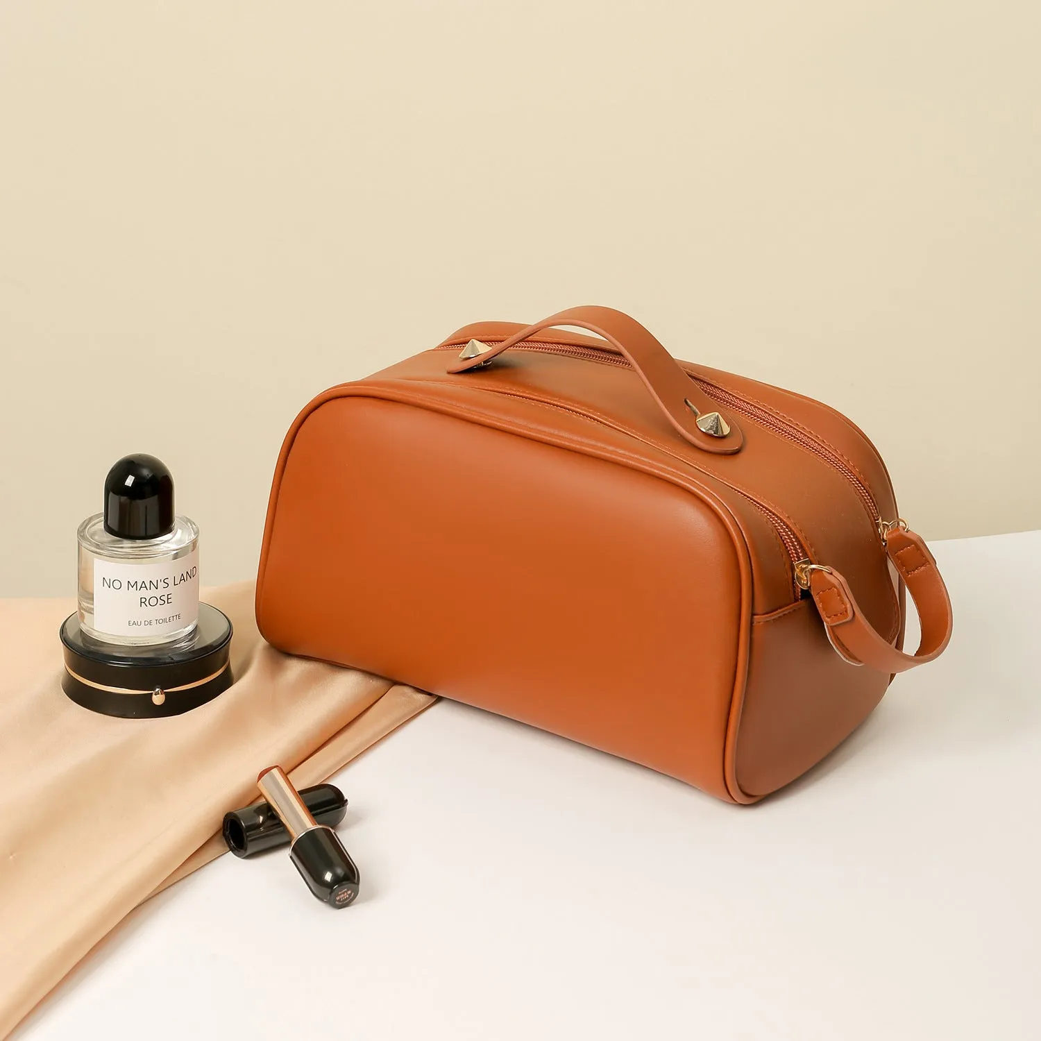 Fashion double zipper pillow cosmetic bag in black, PU material, travel toiletries organiser