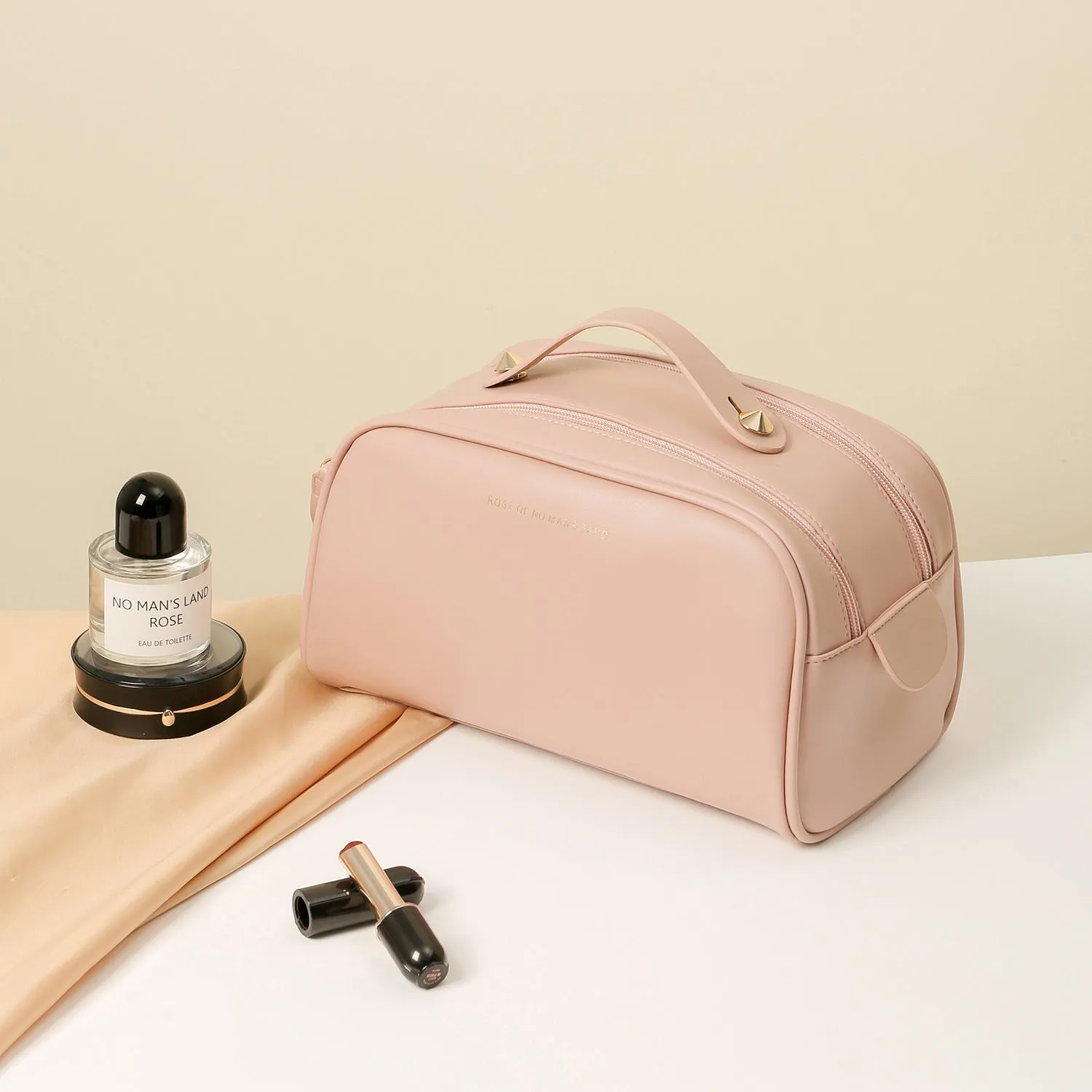 Fashion double zipper pillow cosmetic bag in black, PU material, travel toiletries organiser