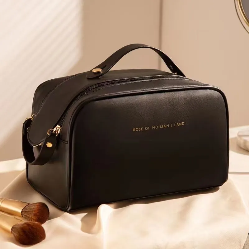 Fashion double zipper pillow cosmetic bag in black, PU material, travel toiletries organiser