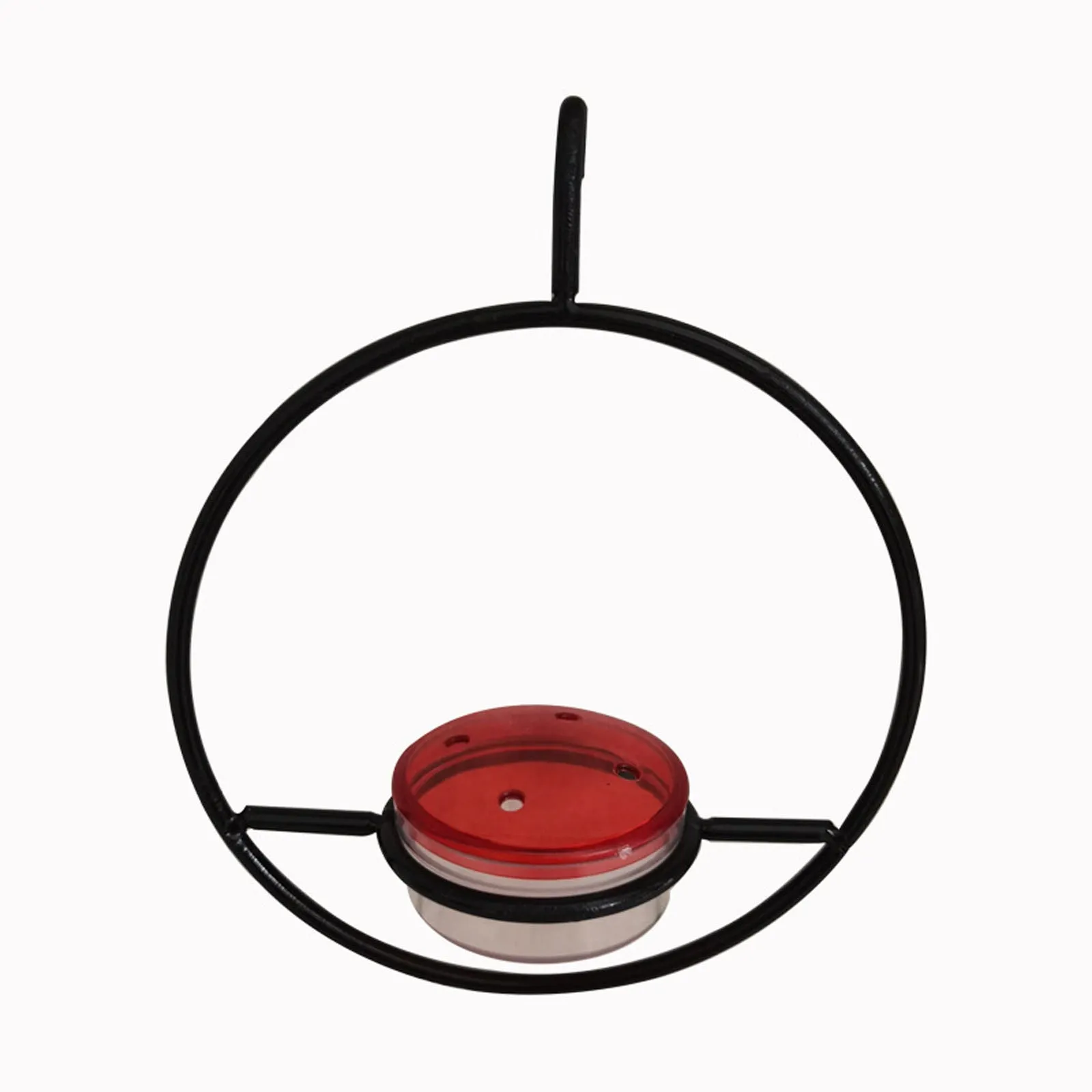 Metal round hanging hummingbird feeder in black with perch and nectar ports on outdoor hook