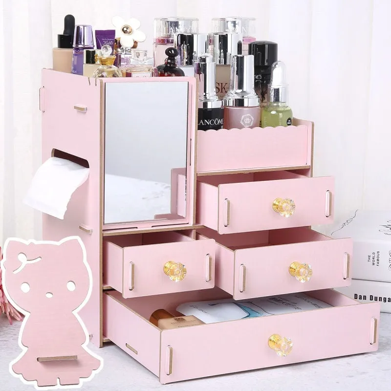 Wooden cosmetic storage box with drawer compartments and cartoon pattern design