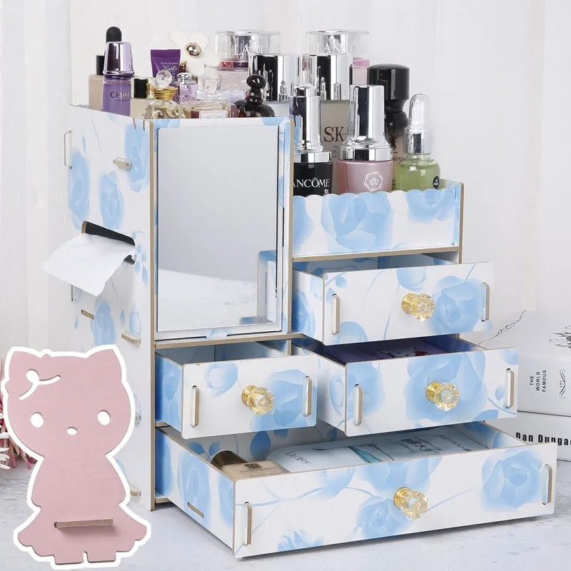 Wooden cosmetic storage box with drawer compartments and cartoon pattern design