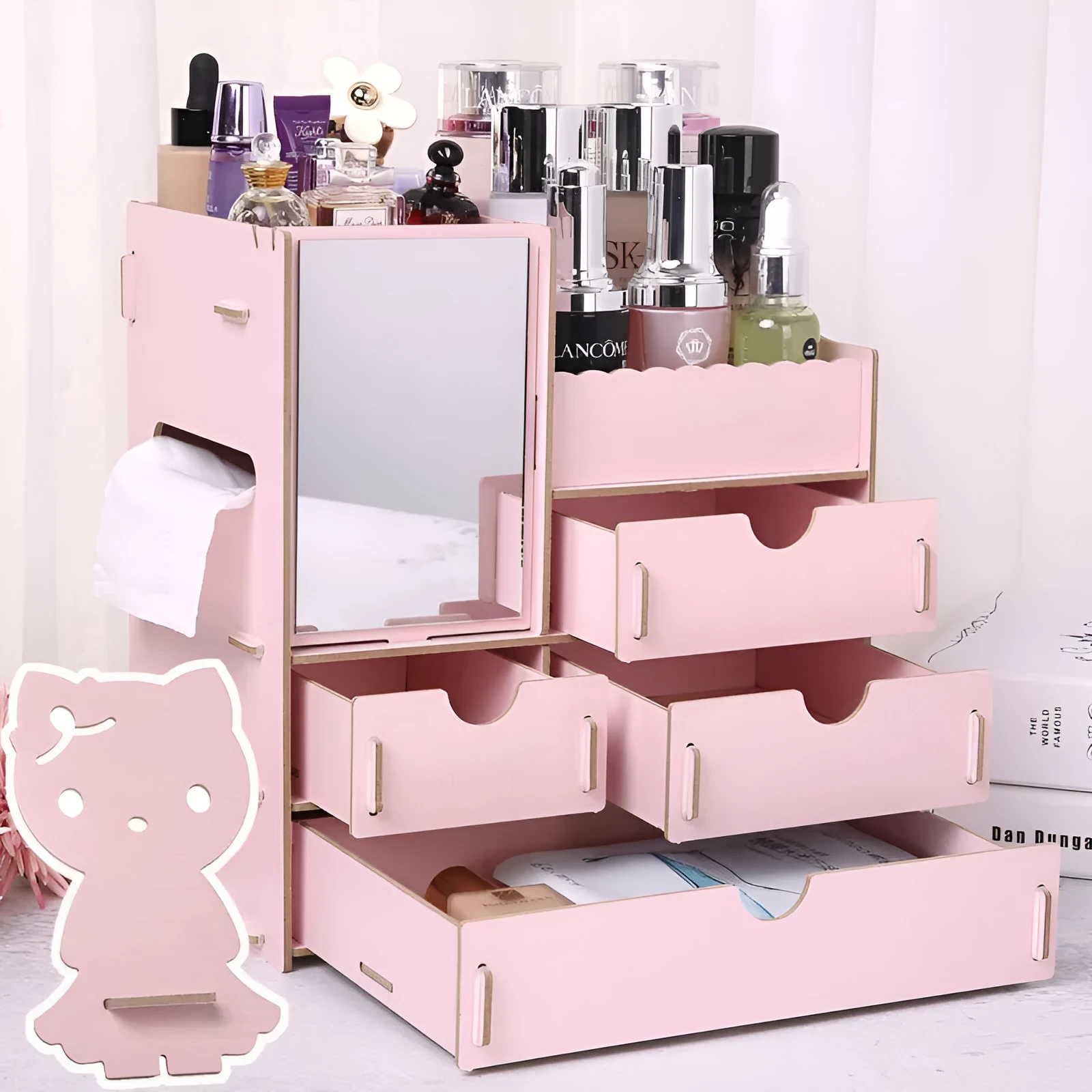 Wooden cosmetic storage box with drawer compartments and cartoon pattern design