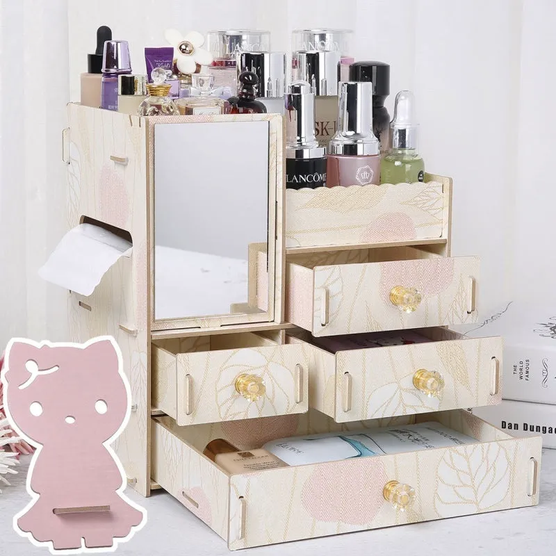 Wooden cosmetic storage box with drawer compartments and cartoon pattern design