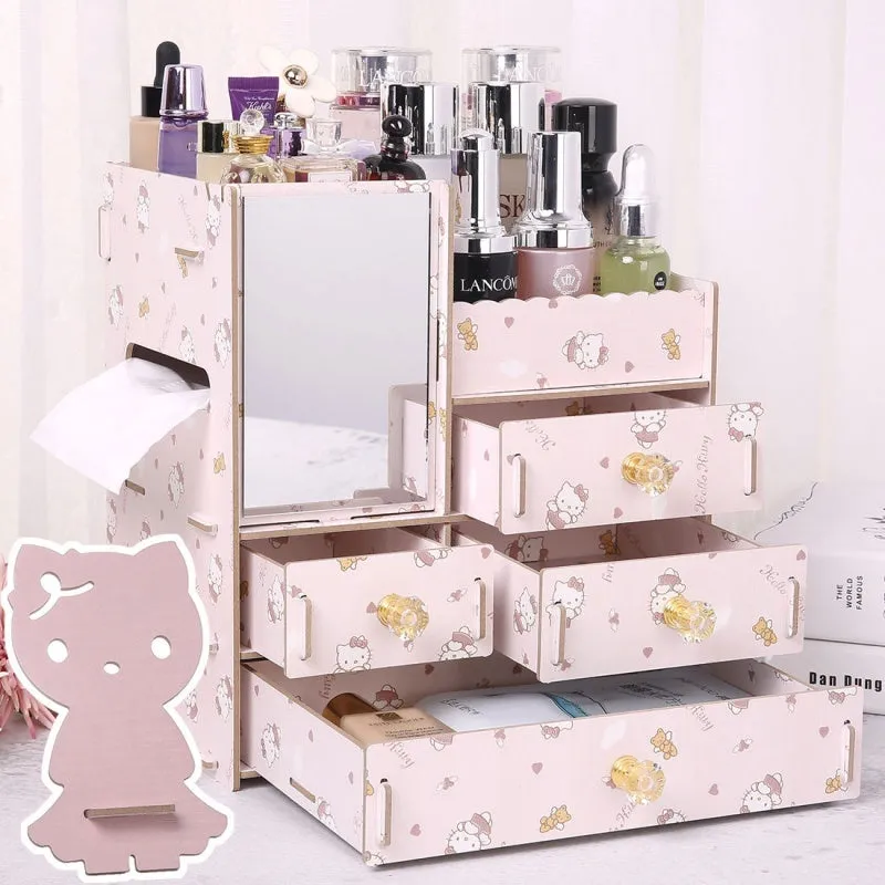 Wooden cosmetic storage box with drawer compartments and cartoon pattern design