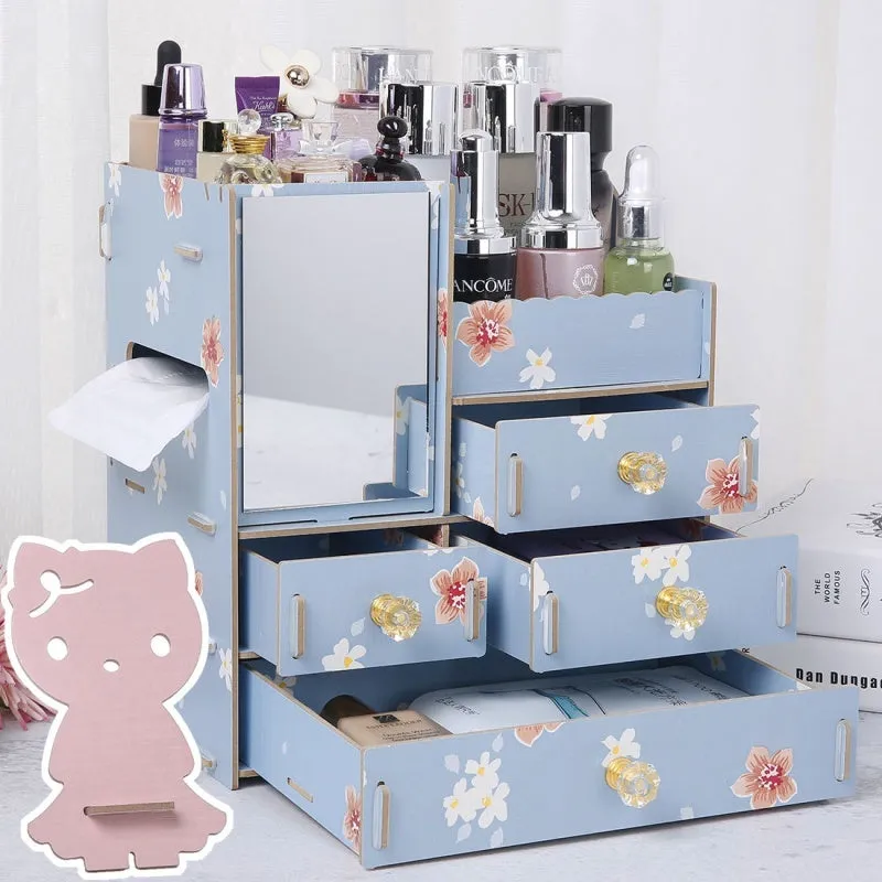 Wooden cosmetic storage box with drawer compartments and cartoon pattern design