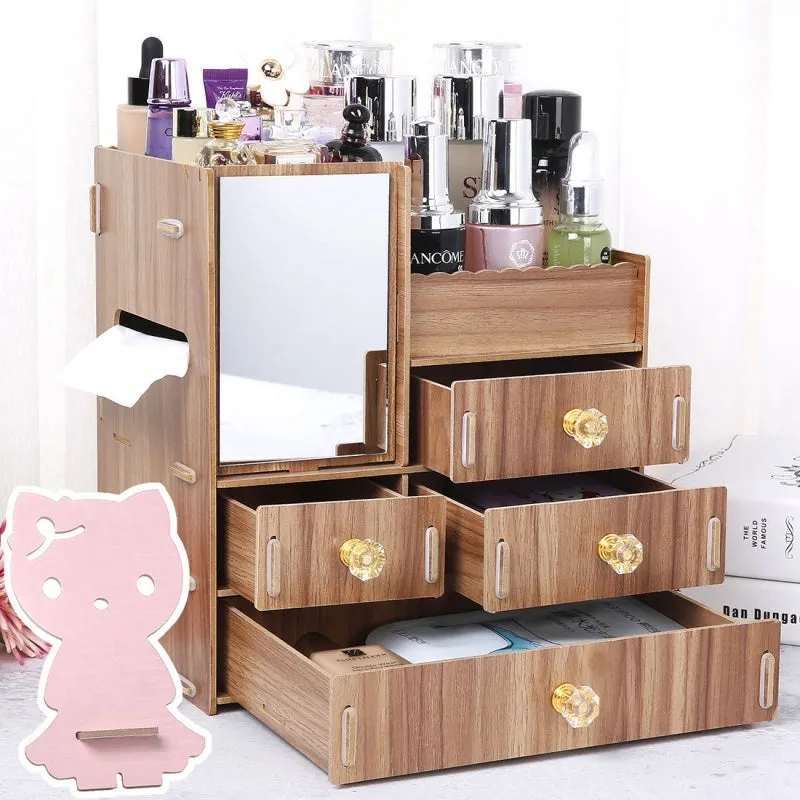 Wooden cosmetic storage box with drawer compartments and cartoon pattern design