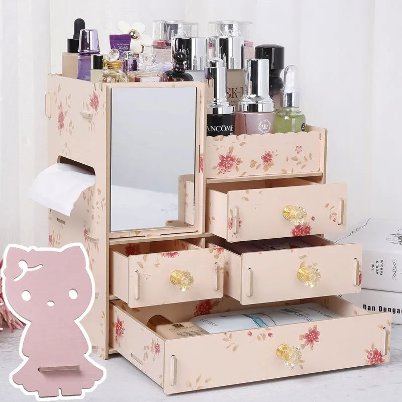 Wooden cosmetic storage box with drawer compartments and cartoon pattern design