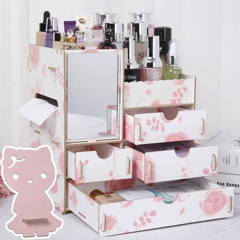 Wooden cosmetic storage box with drawer compartments and cartoon pattern design