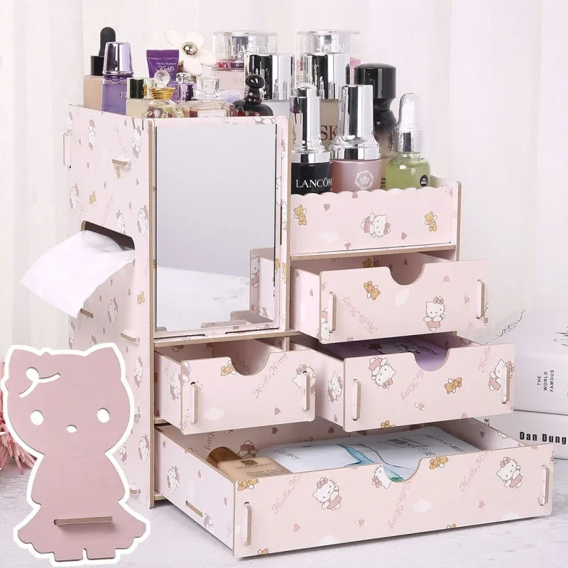 Wooden cosmetic storage box with drawer compartments and cartoon pattern design