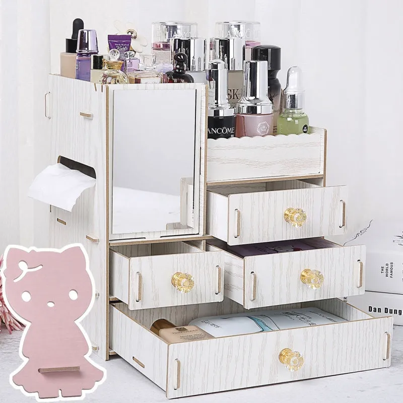Wooden cosmetic storage box with drawer compartments and cartoon pattern design