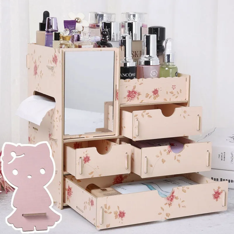 Wooden cosmetic storage box with drawer compartments and cartoon pattern design