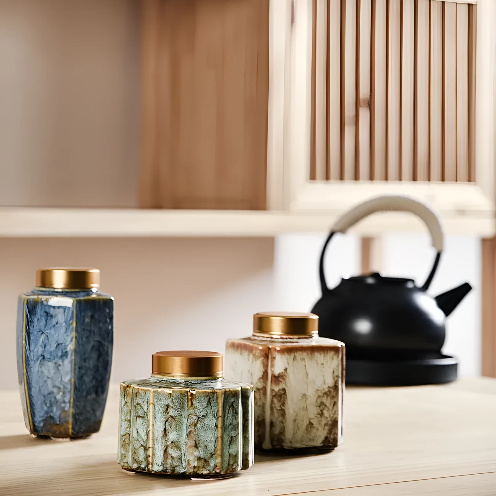 Ceramic tea pot storage tank with lotus leaf kiln transmutation glaze in celadon colour
