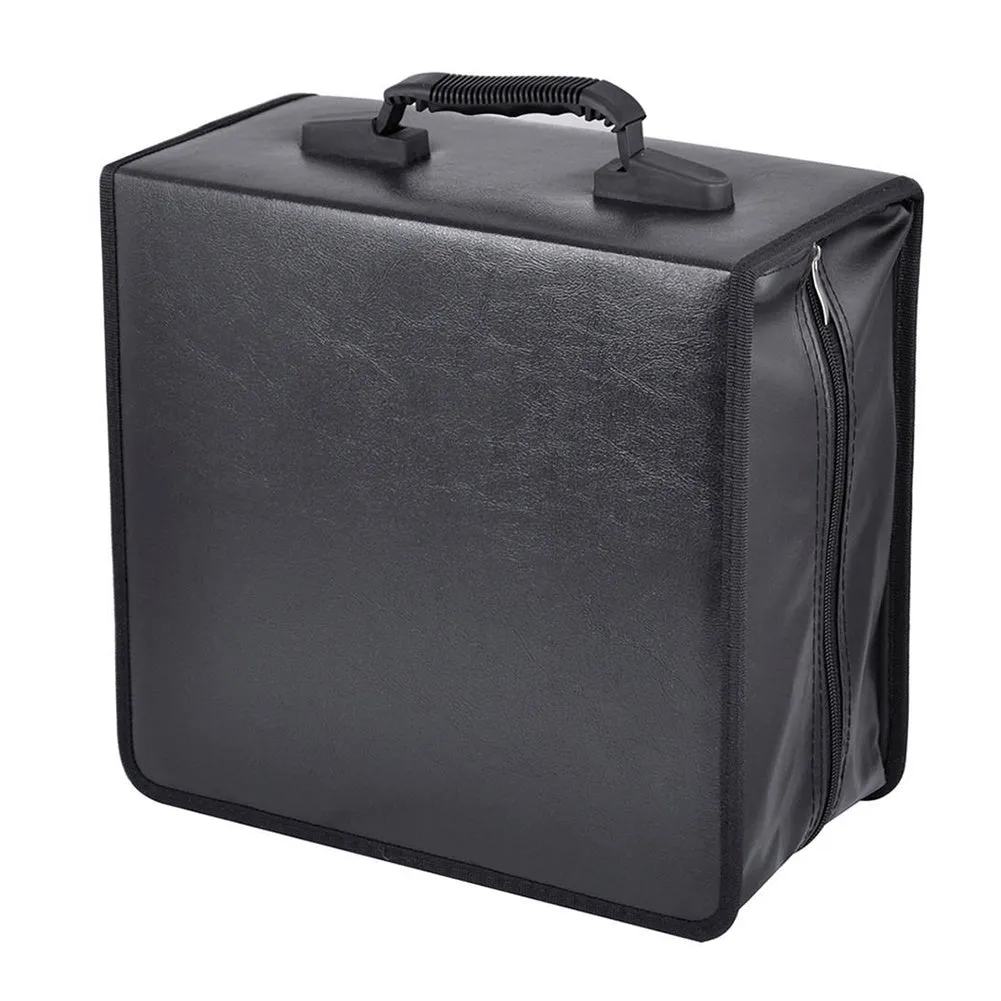 Black oxford fabric CD DVD storage organiser with hand strap and zipper closure