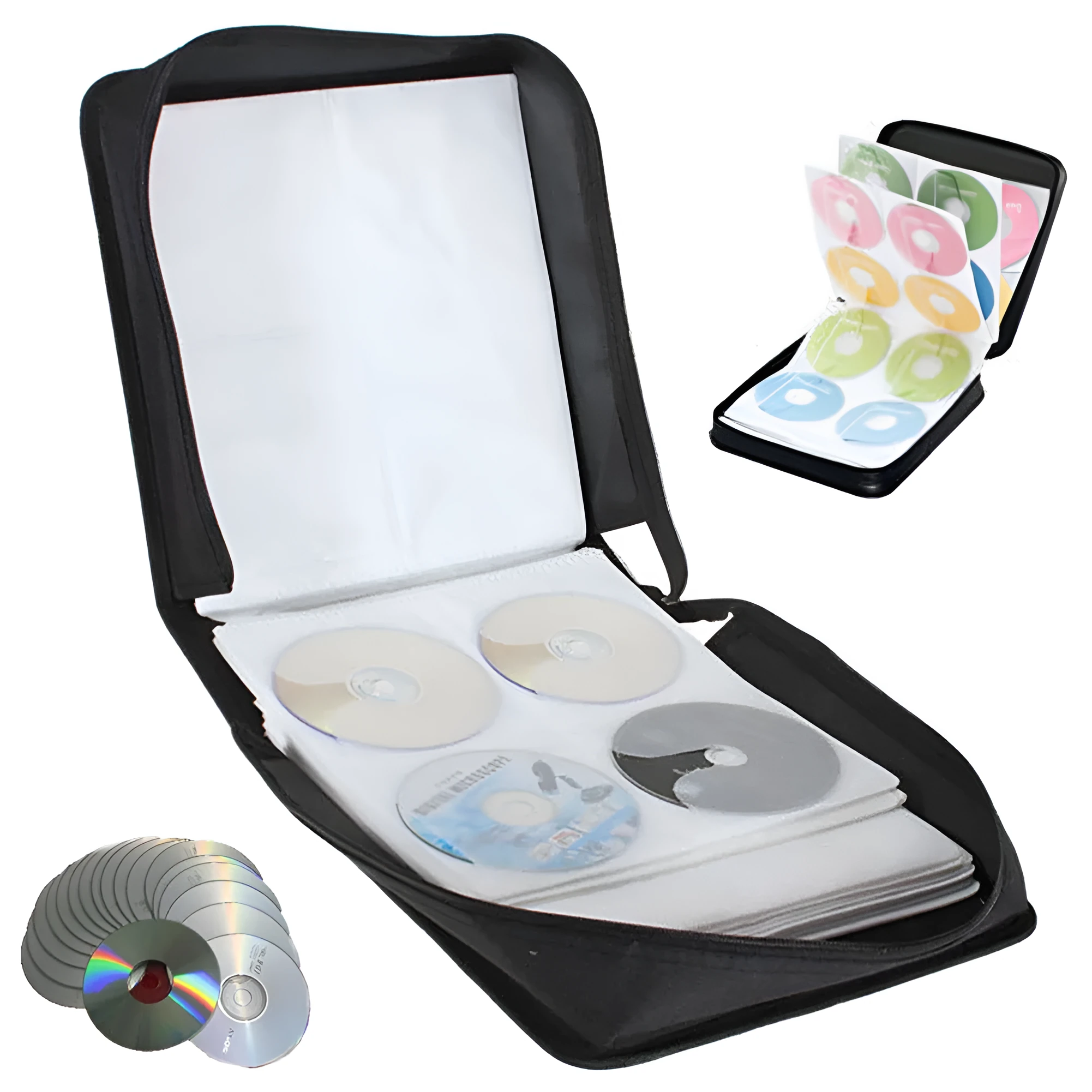 Black oxford fabric CD DVD storage organiser with hand strap and zipper closure
