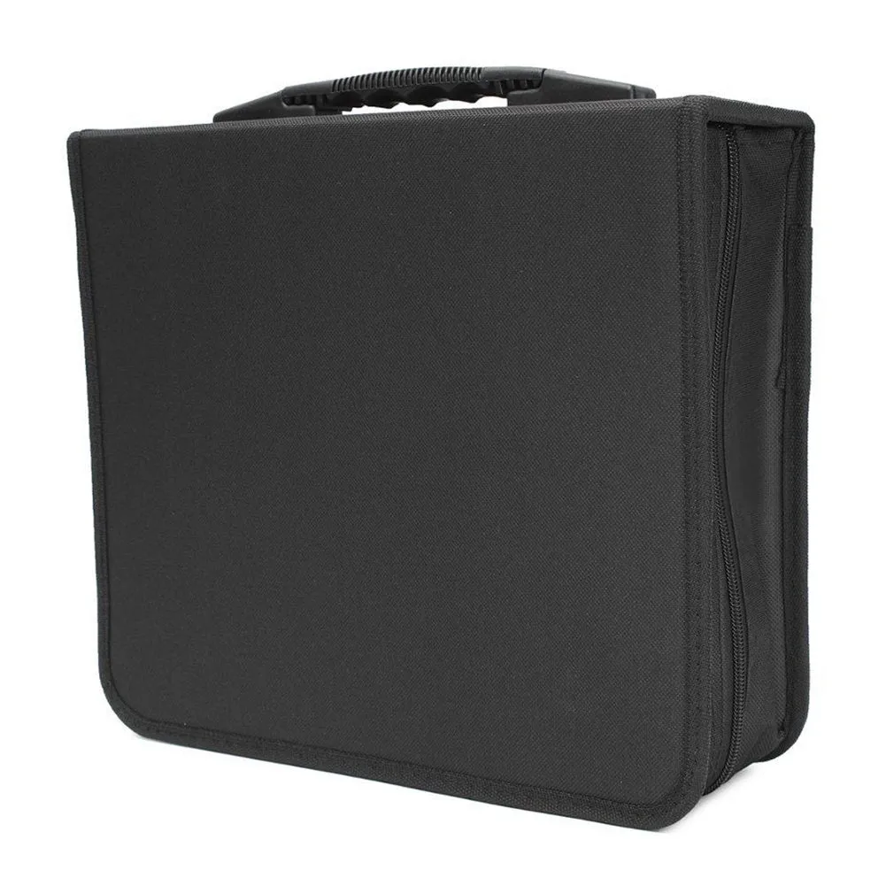 Black oxford fabric CD DVD storage organiser with hand strap and zipper closure