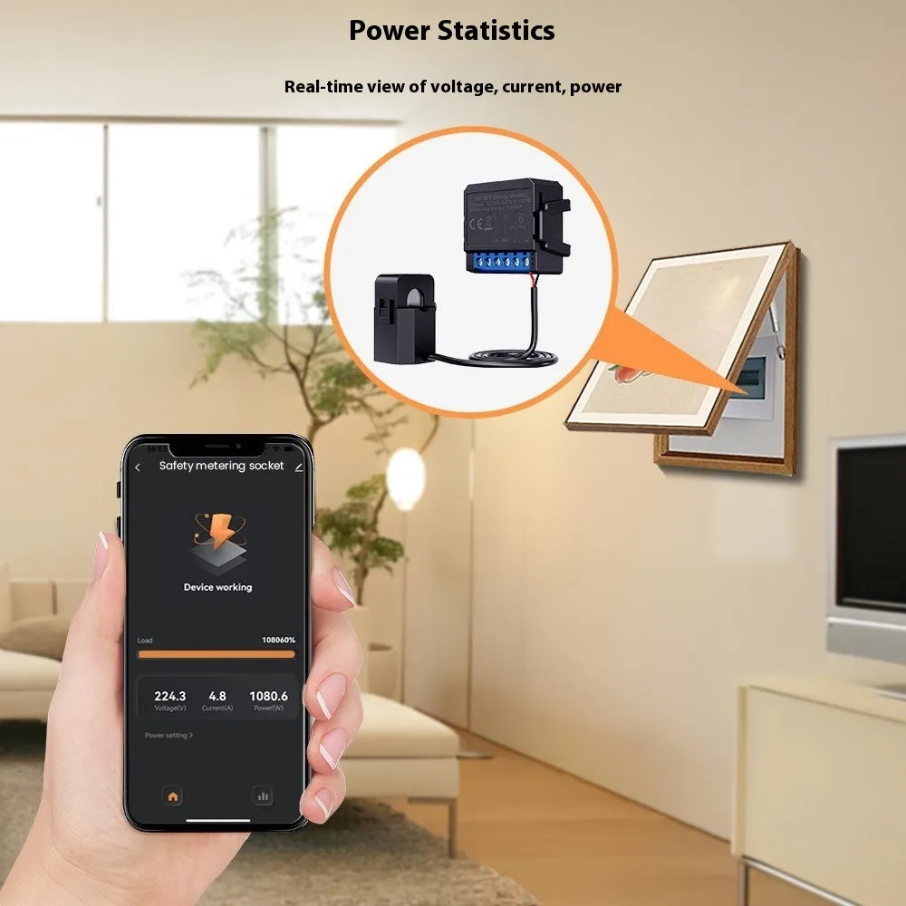Black intelligent on-off switch with WiFi monitoring and electricity statistics, 39x39x19mm