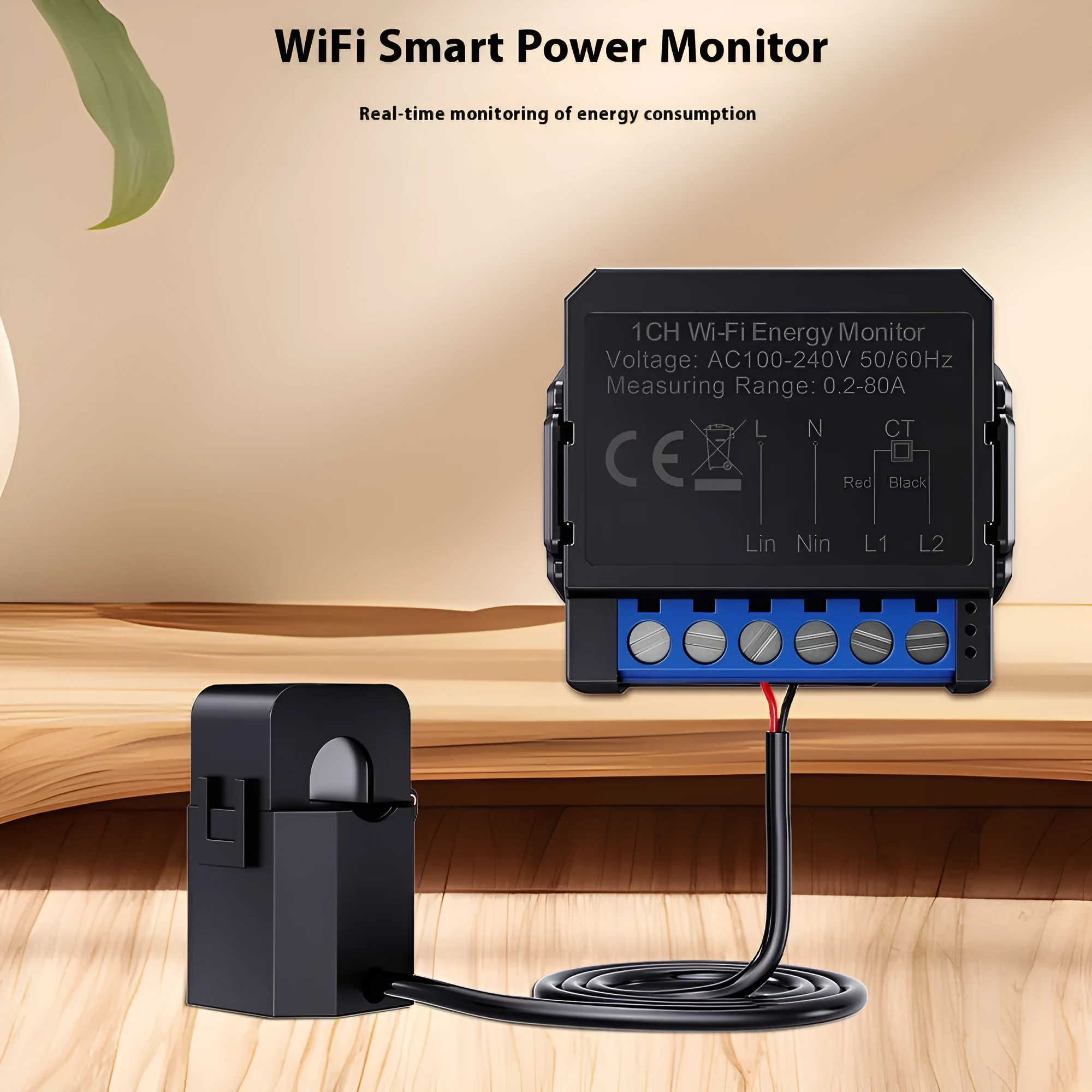 Black intelligent on-off switch with WiFi monitoring and electricity statistics, 39x39x19mm