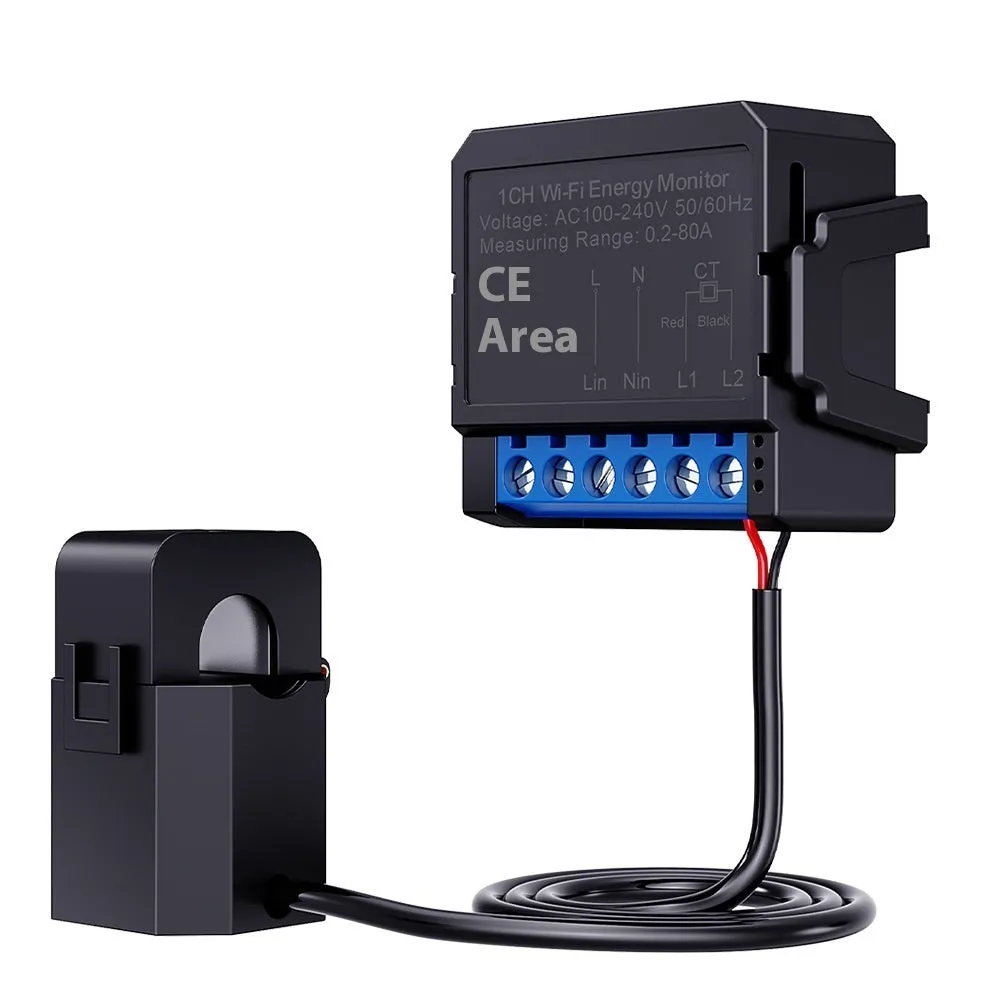 Black intelligent on-off switch with WiFi monitoring and electricity statistics, 39x39x19mm