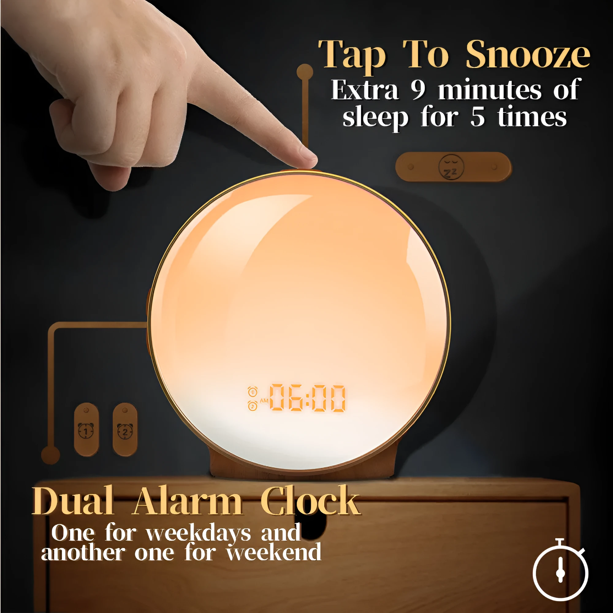 Sunrise alarm clock with wood grain finish, compact size 16x16x6cm, voice control, and night light