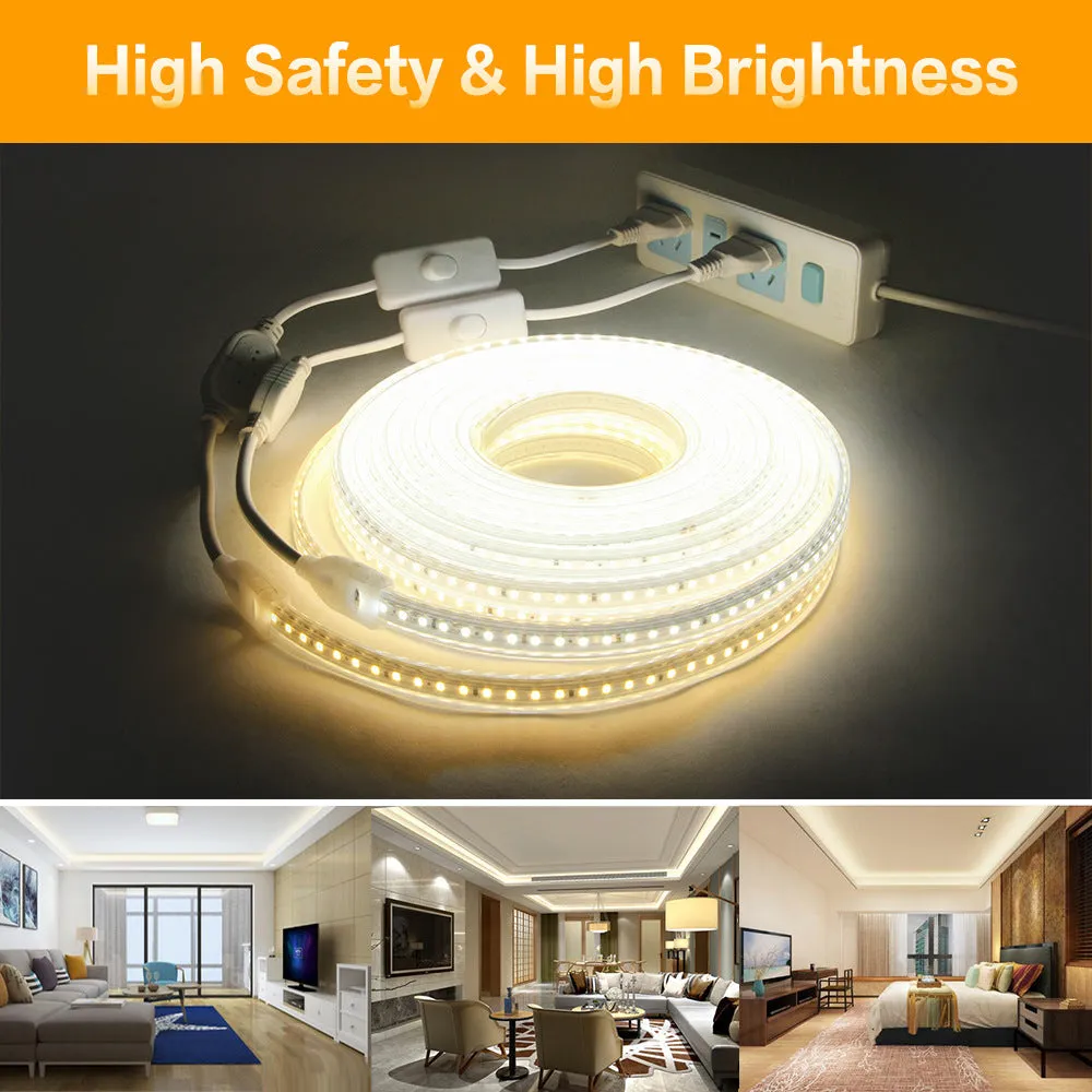 220V LED strip light with 120 LEDs per metre, waterproof, white light, 13mm width, EU plug