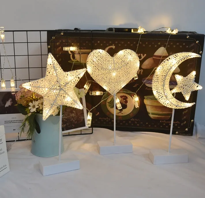 Rattan and copper wire LED decorative lamp in star, heart or moon shape for bedroom