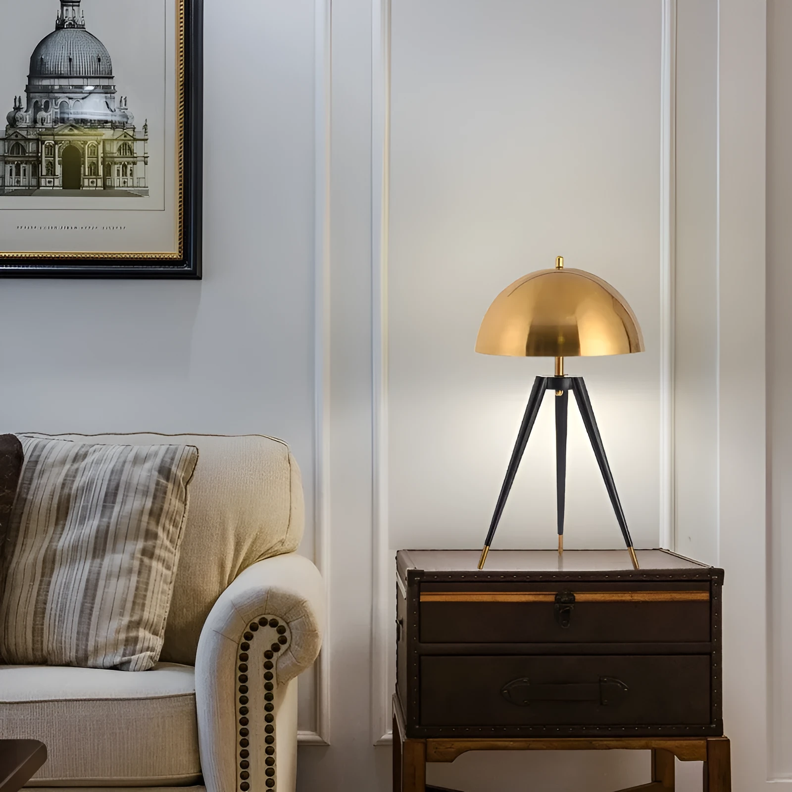 Post-modern tripod desk lamp with iron shade and plated finish