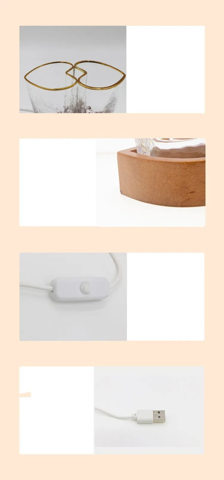 Transparent crystal glass aromatherapy night lamp on beech wood base with USB cable