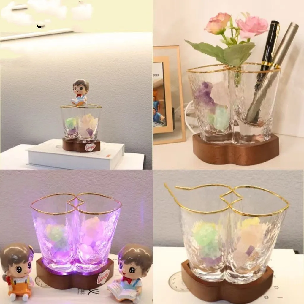 Transparent crystal glass aromatherapy night lamp on beech wood base with USB cable