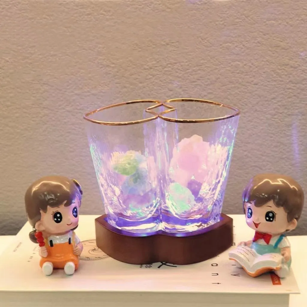 Transparent crystal glass aromatherapy night lamp on beech wood base with USB cable